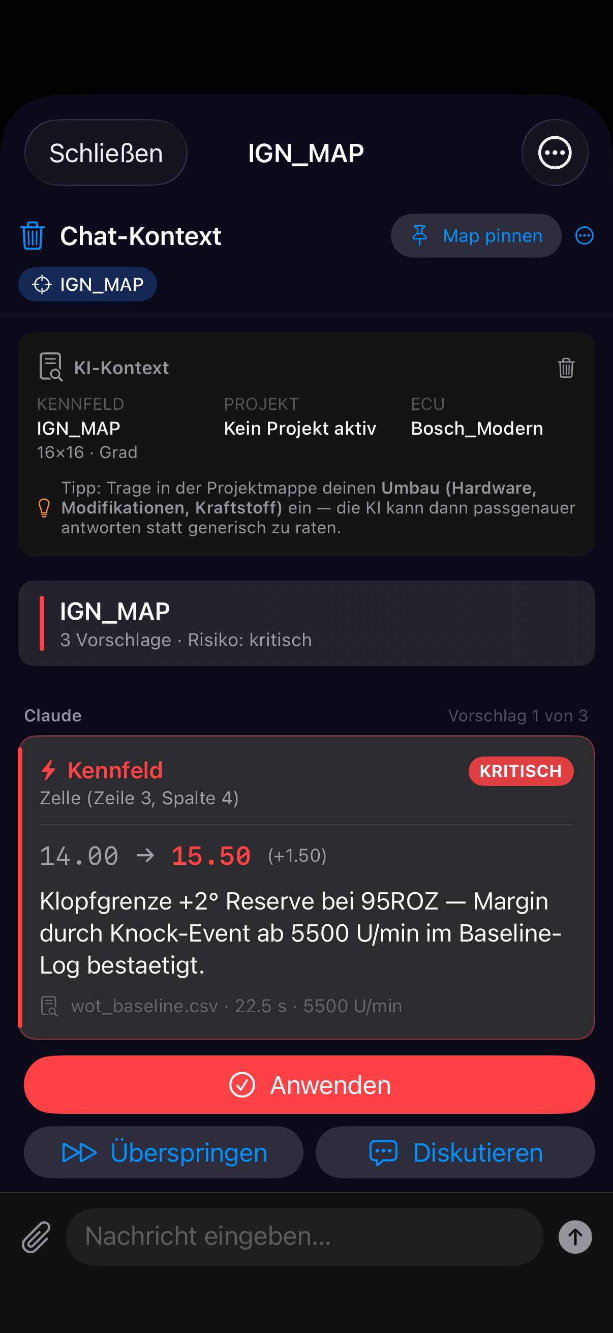 Lambtune Wizard: KI-Vorschlagskarte für das Zündkennfeld mit Delta, Risiko-Einstufung und Begründung