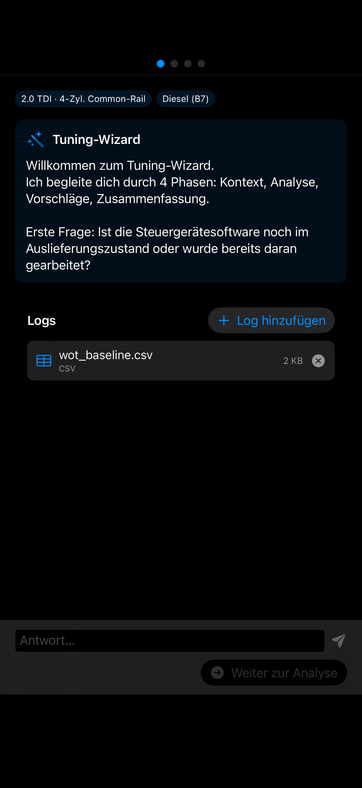 Wizard Phase 1 — Fahrzeug-Kontext: Motor, Kraftstoff, Umbauten, Baseline-Log