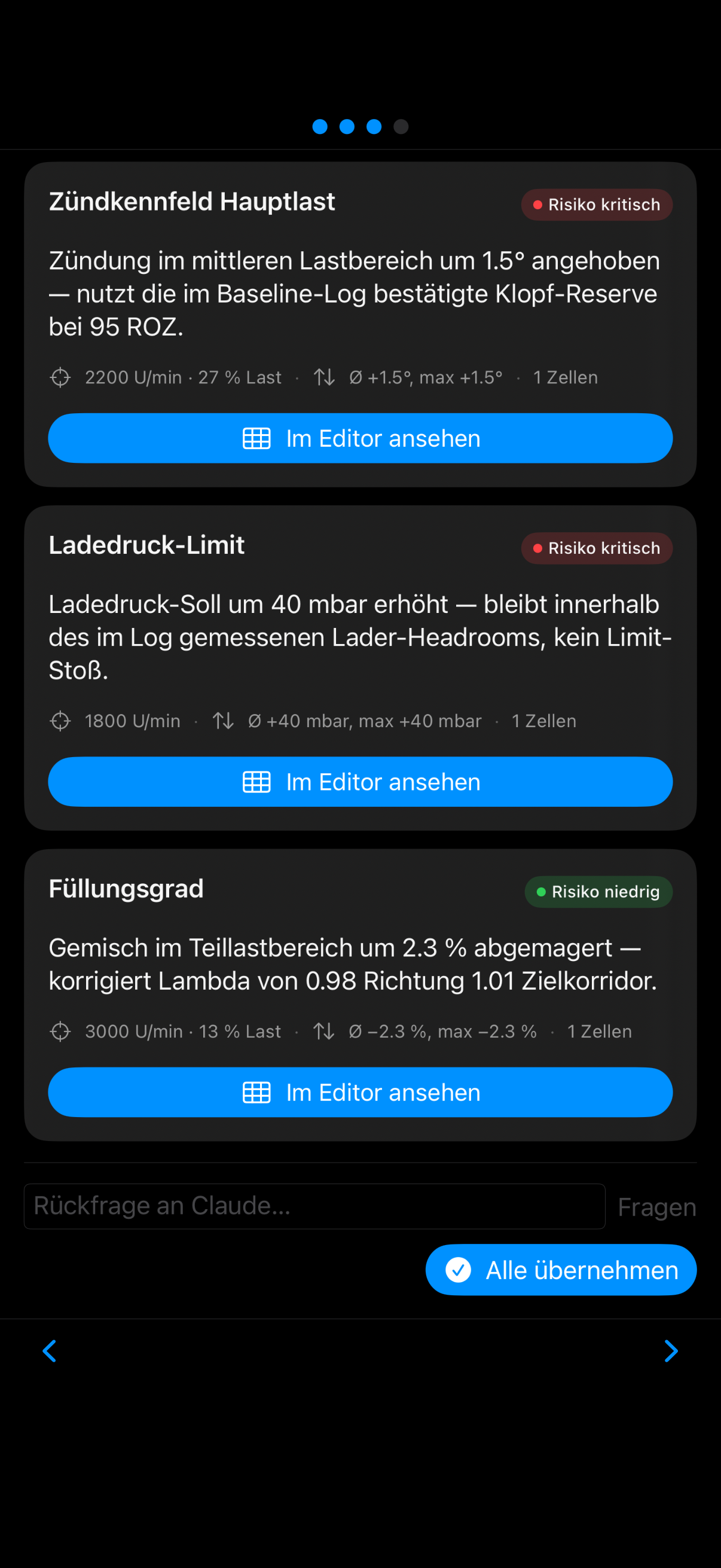Wizard Phase 3 — Vorschläge: drei Kennfeld-Karten mit Risiko-Einstufung